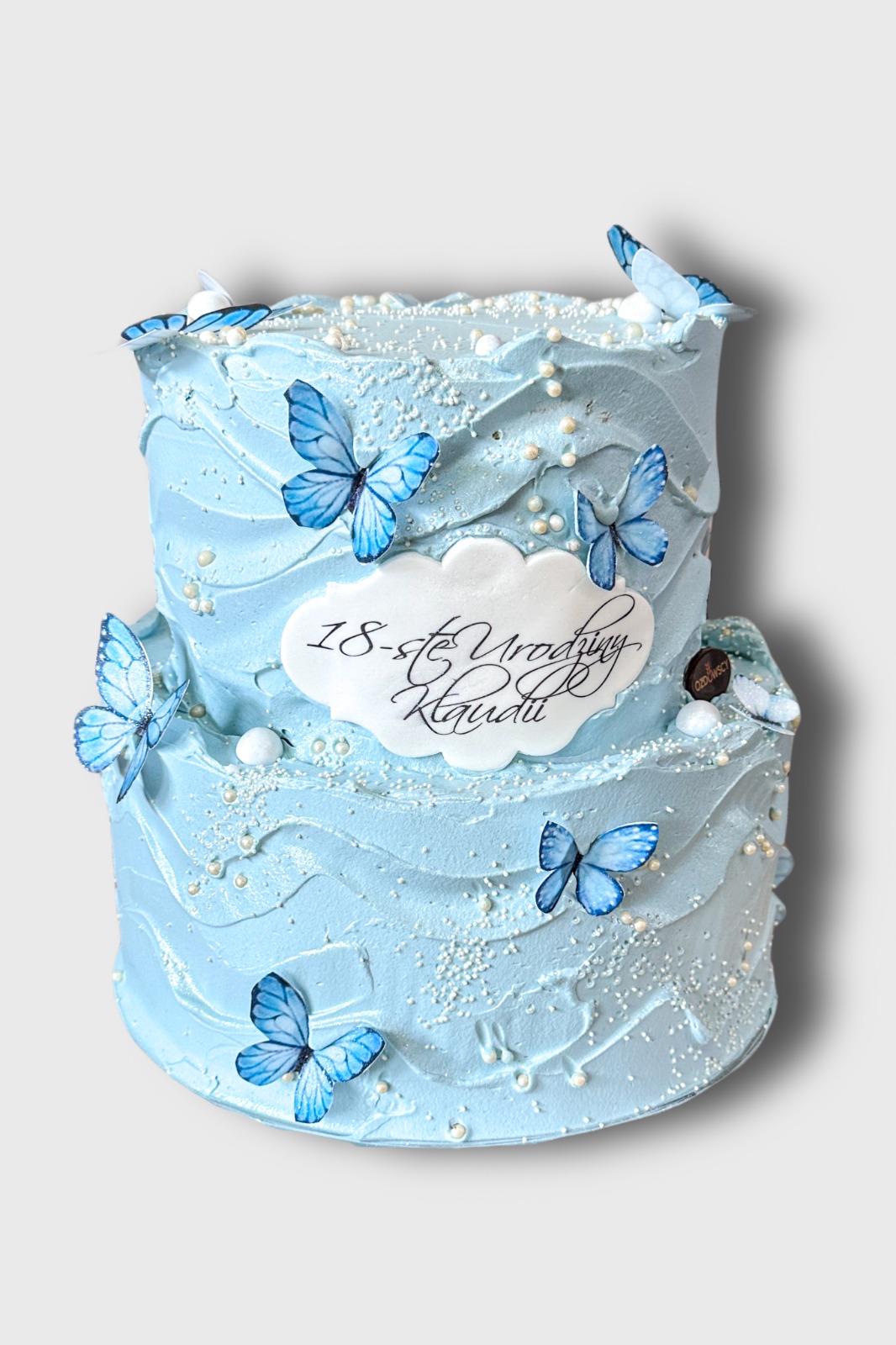Tort urodzinowy wydruk cukrowy - błękitny z motylkami