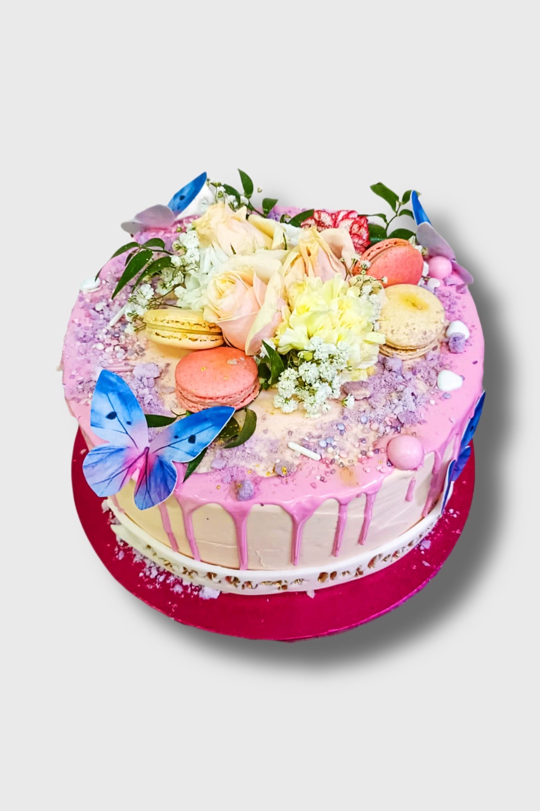 Tort urodzinowy wydruk cukrowy - Różowy drop kwiaty i motylki