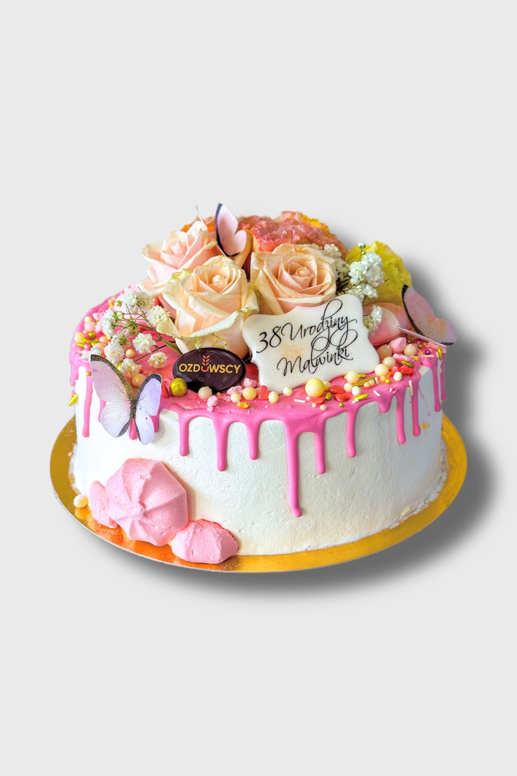 Tort urodzinowy wydruk cukrowy - Różowy drop żywe kwiaty