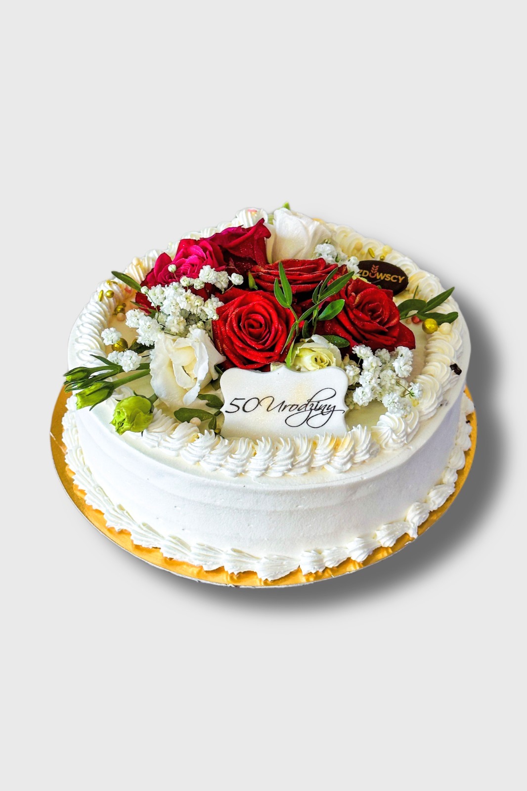 Tort urodzinowy wydruk cukrowy - Śmietankowy z żywymi kwiatami