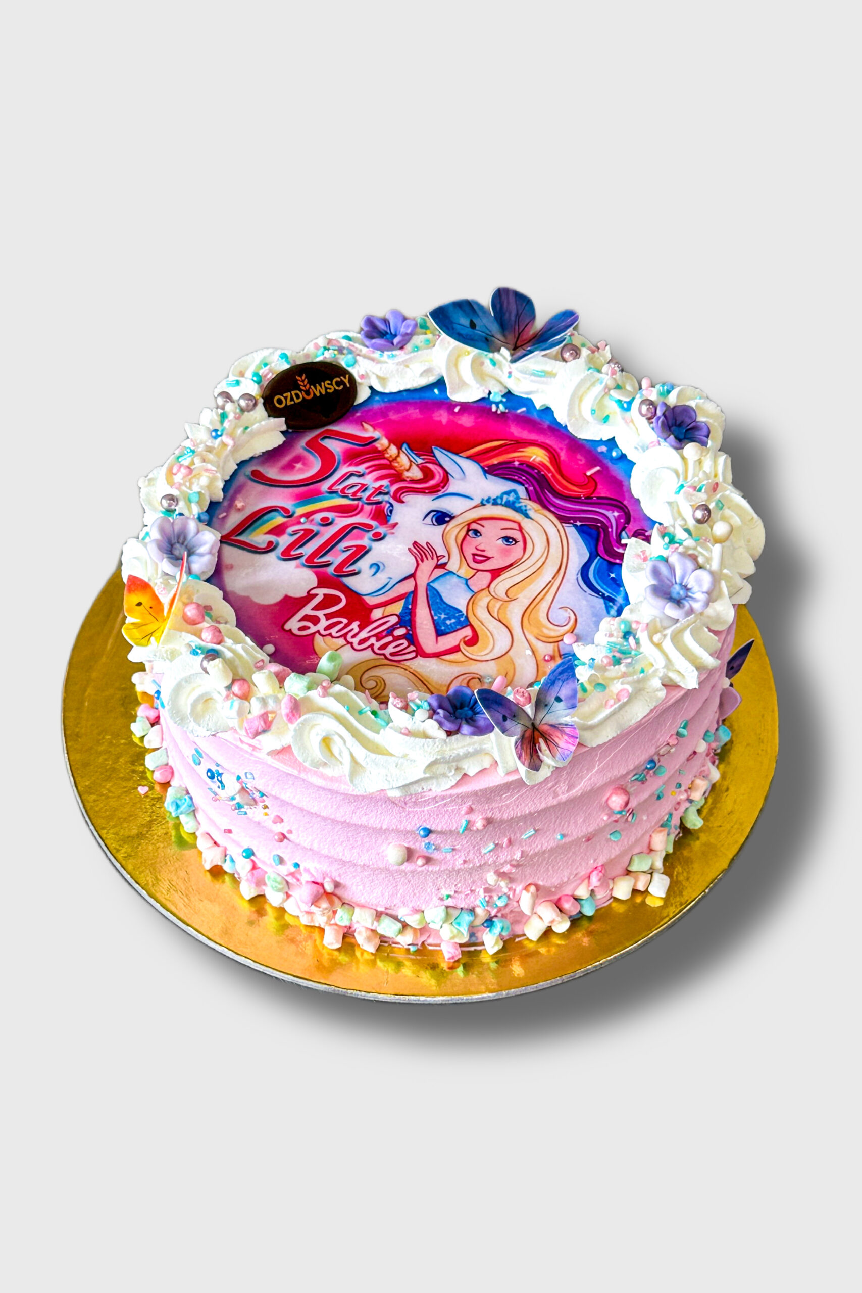 Tort urodzinowy podstawowy - Jednorożec i Barbie opłatek