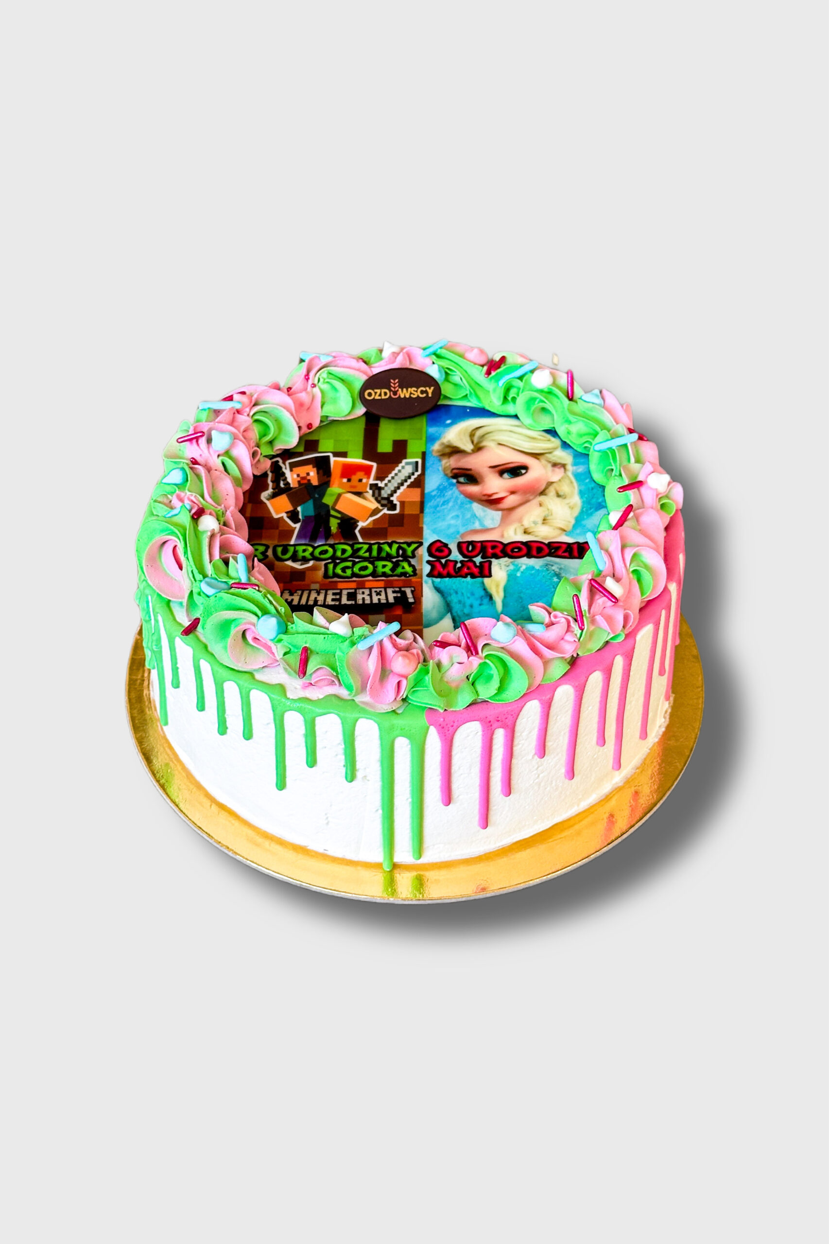 Tort urodzinowy podstawowy - Pół na poł Minecraft i Elsa opłatek